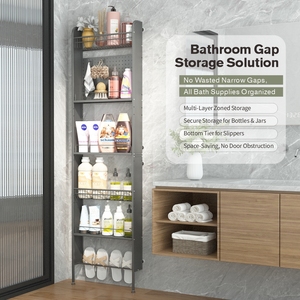 Slim Metal Shelving <strong>Unit</strong> with Pegboard Hooks Adjustable Feet and Suction Cups for Bathroom Bedroom Door Gap <strong>Storage</strong> - Product Image 4