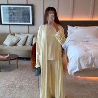 İslami Giyim Kadın 3 Parça Ev Giyim Seti Moda Günlük Düz Renk Hırka Üst Pantolon Takımı Jersey Müslüman Kadın Abaya Seti