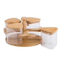 Lot de 4 bocaux en verre triangle borosilicate avec couvercle en bois de bambou et support rotatif en bambou