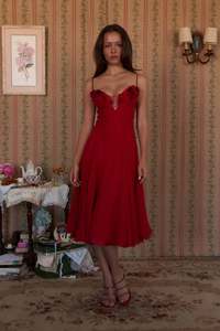 Robe Midi <span class=keywords><strong>Femme</strong></span> Été Sexy Col V Profond Bretelles Fines Sans Manches Vintage Coupe A-Line Décoration Florale Dos Nu pour Soirée - Product Image 4