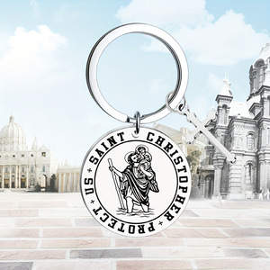 Porte-clés Rond Vintage Saint Christophe en Acier Inoxydable avec Impression UV et Médaille Religieuse en Relief – Charme Protecteur pour Voyageur - Product Image 4