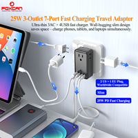 Adaptateur de voyage universel Foxcan 25W GaN ultra-fin avec 3 prises AC et 4 ports PD multi-sorties pour chargeur d'ordinateur portable et d'appareil photo CE