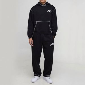 Black Contrast Stitch Winter Print 100% Cotton Custom Men Two Piece Hoodie Sweatpants <b>Tracksuit</b> - Product Image 1