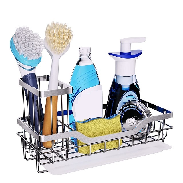 With Brush Holder Kitchen Sink Organizer With Drain Tray Rustproof 201 Stainless Steel Sponge Holder for Kitchen Sink Silver