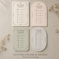 Cartes de chronologie de mariage à bords festonnés, carte d'itinéraire de mariage personnalisée avec cadre floral et illustration graphique pour l'impression de papeterie pour invités de mariage