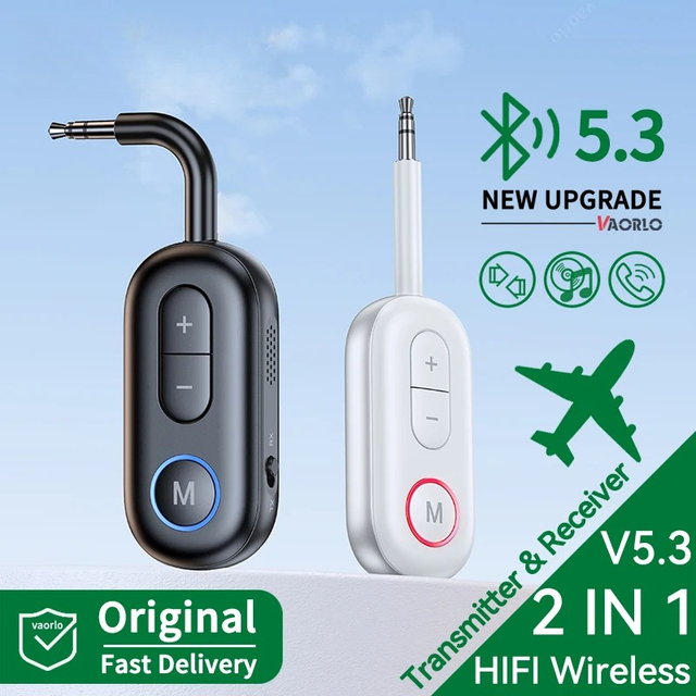 Blue Tooth 5.3 Audio Transmitter Receiver 3.5MM AUX Hifi Stereo Music Wireless Adapter With Mic for Car Airplane TV PC Headphone