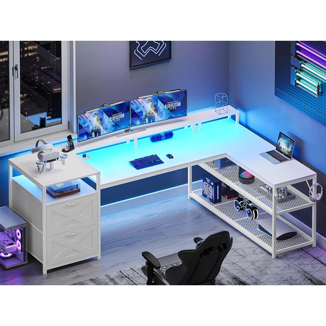 Modern White Large Gaming Desk With Drawers and Printer Space RGB Led Lights Gaming Computer Table with Monitor Stand