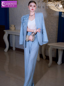 F26CT70638 Giacca Antirughe in Velluto con Motivo Floreale Tridimensionale Personalizzabile Primaverile e Pantaloni Professionali - Completo Blu da Donna - Product Image 4
