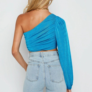 Blusa de Mujer de Manga Larga con Hombro Descubierto y Pliegues, Color Sólido, Naranja, Azul, Gris, Negro, para Uso Diario - Product Image 4