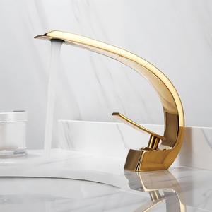 Rubinetto da Bagno a Cascata Curvo Placcato Oro, <span class=keywords><strong>Miscelatore</strong></span> Monocomando Caldo/Freddo con Valvola in Ceramica per <span class=keywords><strong>Lavabo</strong></span> - Product Image 1