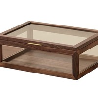 Nouvelle boîte de rangement de bureau rectangulaire en verre et noyer, style chinois, anti-poussière, transparente, fabriquée au Fujian, pour services à thé et objets d'étude