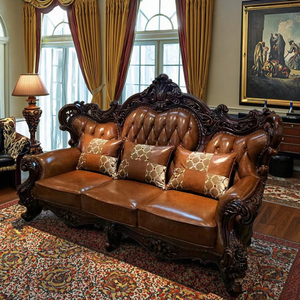 यूरोपीय-शैली असली लेदर सोफा सेट सोफे लकड़ी पर नक्काशी के लिए कमरे में रहने वाले फर्नीचर क्लासिक सोफा सेट घर लक्जरी - Product Image 1