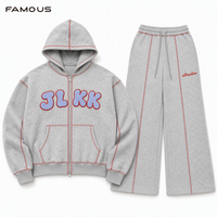 Ensemble de survêtement personnalisé à capuche zippé avec surpiqûres contrastées pour homme, en coton French Terry 380 GSM, coupe oversize, effet délavé, style streetwear, vente en gros