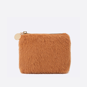 Caramel Faux Fur <b>Mini</b> Cosmetic <b>Pouch</b> with Gold-Tone Zipper for Daily Makeup Coin Purse and Small Item Storage - Product Image 1