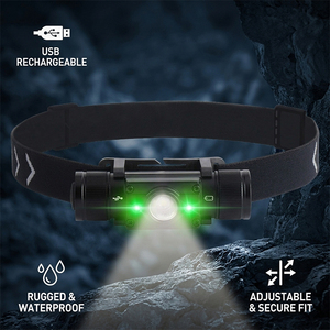 Potente Linterna Frontal LED Recargable por USB de 850LM, Luz Blanca y Verde, Resistente al Agua IPX6, para Correr, Acampar y Cazar al Aire Libre - Product Image 1