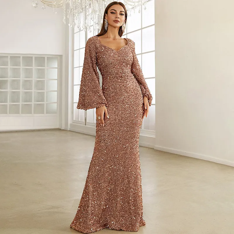 ZYHT DR0228 High Quality Puff Long Sleeve Golden Sequin Formal Dresses Maxi Club Bodycon Dress Evening Elegant Dress