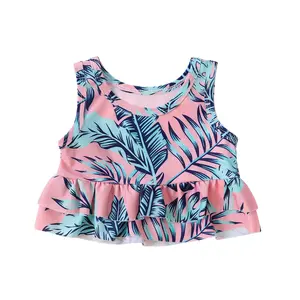 Summer Beach Customized Ruffles Kids 2 Piece Bathing Suits Plant Flower Print Swimwear For Children