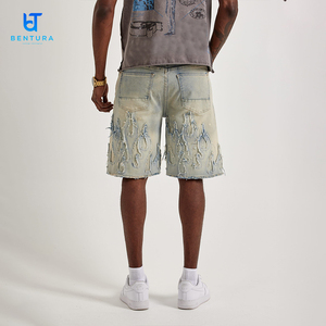 Shorts en <span class=keywords><strong>Jean</strong></span> Baggy pour Homme, Personnalisés par le Fabricant, avec Broderie, Imprimés, Patchwork, Denim Délavé, Effet Vieilli et Ourlet Brut - Product Image 5