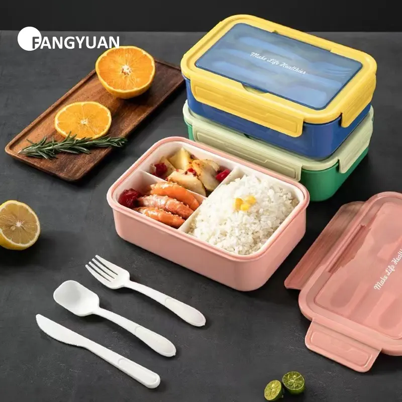 Free cutlery portable microwave safe 3 compartment baby plastic food containers tiffin kids lunch box wholesale with lids