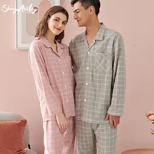 配套情侣两件套长袖纽扣睡衣100% 棉家庭男女睡衣套装