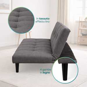Divano Letto a 3 Posti 165x76x65 Cm con Schienale Reclinabile in Tessuto Effetto Lino Grigio per Soggiorno - Product Image 4
