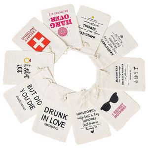 Sacs en coton personnalisés avec cordon de serrage, sac pour kit de récupération après une gueule de bois, pochette en coton et lin 10x15cm, imprimé par transfert thermique pour cadeau de fête - Product Image 1