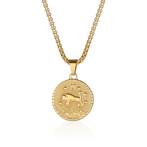Collier avec pendentif rond en acier inoxydable plaqué or, gravure personnalisée, pendentif zodiaque en relief - Product Image 3