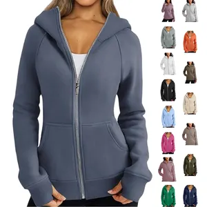 Wholesale Custom LOGO Solid Color Pocket Blank Woman Thick Full Zipper Hoodie