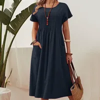Robe décontractée pour femmes, couleur unie, manches courtes, col rond, design avec poche, tissu en coton, silhouette en A, coupe ample, ODM