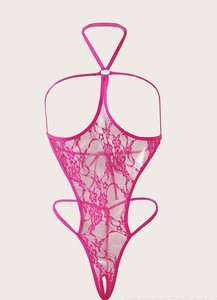 Розовое кружевное прозрачное сексуальное эротическое белье с вырезами, сексуальное боди с завязками на шее, цельный комбинезон. - Product Image 6