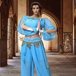 Conjunto de Top de Manga Larga de Chifón para Danza del Vientre y Pantalones con Monedas de Linterna, Vestido Indio Árabe Negro para Mujer, en Existencia, Sin Tiempo de Entrega de Muestra - Product Image 5