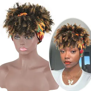 Peruca sintética ombré envoltório curto, peruca encaracolada afro, com faixa de cabeça fixada para mulheres negras