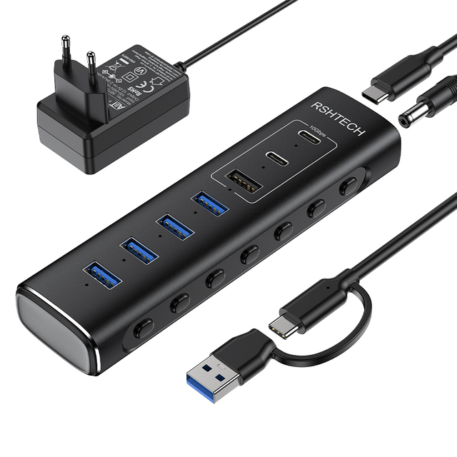 2026 New Upgrade 7-Ports Powered USB C HUB with 10Gbps (1A+2C) and 5Gbps (4A) 2-in-1 Detachable Hybrid Cable for Laptop Computer