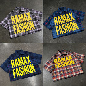 Herstelleranpassung Logo Siebdruck Hemden Streetwear Kurzarm Knopfleiste Übergroßes Crop-Top Kastenförmiges Maßgeschneidertes Kariertes Hemd für Herren - Product Image 3