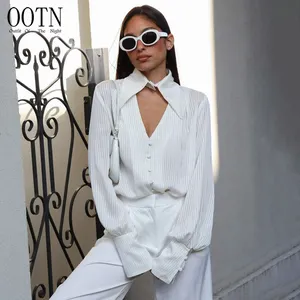 OOTN Office Ladies Stripe 2023 Lapel Cut out Blouses And Tops White Jacquard Sexy Women Streak Shirts woman longsleeve blouse