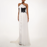 Robe longue asymétrique élégante à dos nu avec patchwork de dentelle, drapée et plissée, sexy, pour femme, idéale pour bal de promo ou invitée de mariage