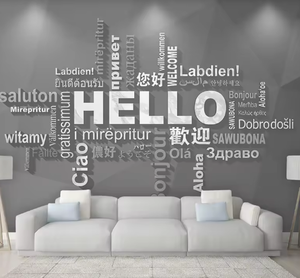 Papier peint Hello multilingue | Salutation internationale murale en PVC imperméable facile pour le papier peint 3d Global Spaces - Product Image 1