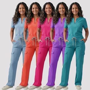 Women Hospital <b>Scrubs</b> <b>Set</b> V Neck Purple Moisture Wicking Split Uniform For Medical Beauty Salon Workwear - Product Image 4