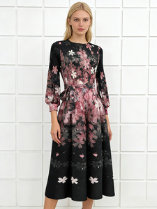 Floral Print A-Line Midi <b>Dress</b> Long Sleeve Polyester Woven Anti-static Casual Spring <b>Dress</b> - Product Image 1