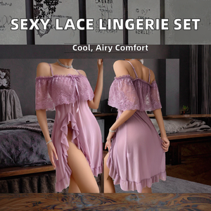 Sommerliches, atmungsaktives, transparentes Spitzen-Dessous-Set mit schulterfreiem Satin-Maxirock, elastischem Bund, sexy Bodysuit und festem Schleifenband – Handwäsche - Product Image 2