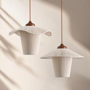 Lampe suspendue vintage en fil de coton et bois massif, style zen rond E27, pour salon de thé, chambre à coucher, éclairage de bureau - Product Image 2