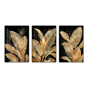 Peintures murales de luxe à feuilles dorées pour fond de canapé, salon, 3 panneaux 3D, peinture en porcelaine cristalline à motifs végétaux - Product Image 3