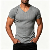 T-shirt en coton uni à col en V pour homme, léger, respirant, extensible, tricot côtelé, tee-shirt musculaire pour la musculation, l'entraînement et le quotidien