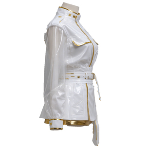 Costume de scène K-Pop pour <span class=keywords><strong>femme</strong></span> East Costume, combinaison en cuir verni blanc et or avec manches transparentes, en stock - Product Image 1