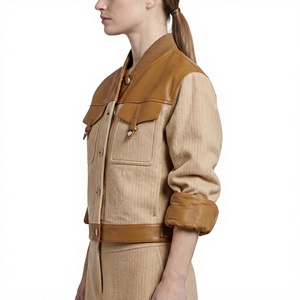 <b>Women</b> Leather Trim Wool Bomber Jacket Beige Camel Contrast Patchwork Cropped Short <b>Coat</b> Designer Ladies Outerwear - Product Image 2