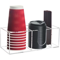 Opbergbak voor koffie-accessoires van helder acryl, met ruimte voor deksels en roerstaafjes, voor aanrecht of koffiehoek.