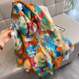 Chales largos de seda con estampado de pintura al óleo para mujer, chales de gasa a la moda, para cubrir la playa, de seda suave, de Organza, para verano