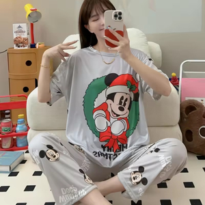 <span class=keywords><strong>Pigiama</strong></span> Natalizio da <span class=keywords><strong>Donna</strong></span>, Set Due Pezzi, Maniche Corte e Pantaloni Lunghi, Abbigliamento da Notte <span class=keywords><strong>Estivo</strong></span> con Collo Tondo e Stampe Cartoon - Product Image 2