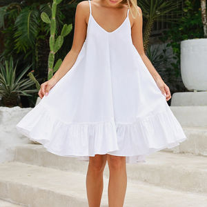 Factory design stylish white beach V-neck pleated patchwork <b>maxi</b> skirt luxurious cotton mini <b>Dress</b> - Product Image 2