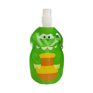 Customized spout pouch drinking collapsible cartoon kids water container bag with carabiner
